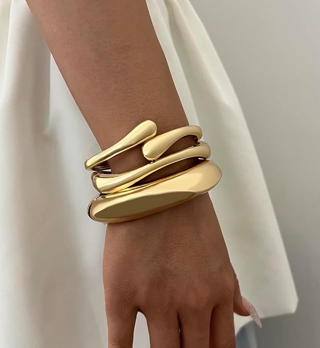 Chunky Gold Bangle Bracelets for Women, Dainty 14k Gold Plated Big Stackable Bangles Set, Trendy Statement Cuff Bracelet Stack Fashion Jewelry Gifts