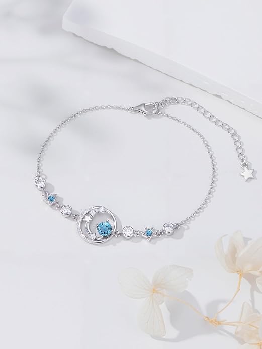 Moon and Star Birthstone Charm Link Bracelet 925 Sterling Silver Moon and Star Bracelet with 12 Months Birthstone Birthday Jewelry Gifts for Women Mom Her,Chain Length 7"+2" Extend