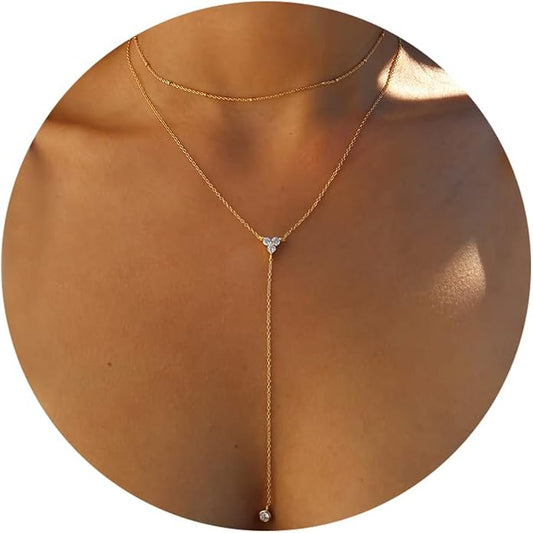 Foxgirl Lariat Gold Necklace for Women, Dainty Long Necklace 14k Gold Plated/Silver Y-Shaped Pendant Necklace Trendy Layered Cz Beaded Chain Drop Necklaces Simple Gold Jewelry For Women Gift