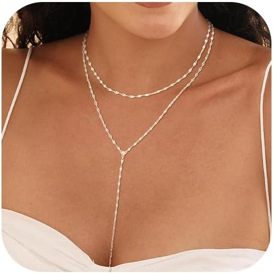 LOVELUCK Long Lariat Necklace for Women,Dainty Layered Y-Shaped Necklaces 14k Gold/Silver Plated Drop Chain Trendy Christmas Jewelry Gifts