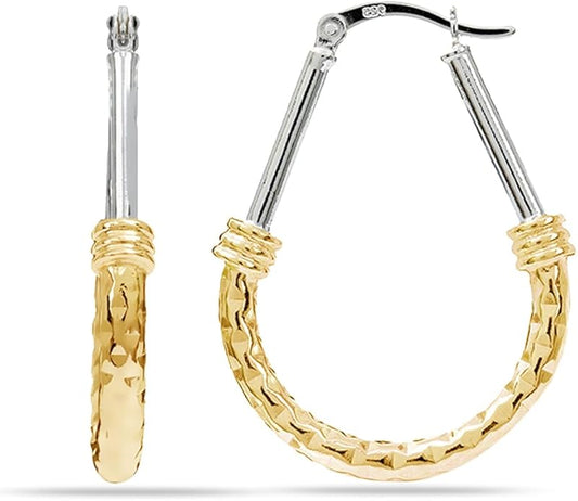 LeCalla 925 Sterling Silver Hoop Earrings | Italian Design Classic Diamond-Cut Textured Earring Hoops | Women's Drop Shape Oval Hoop Earring Jewelry for Women