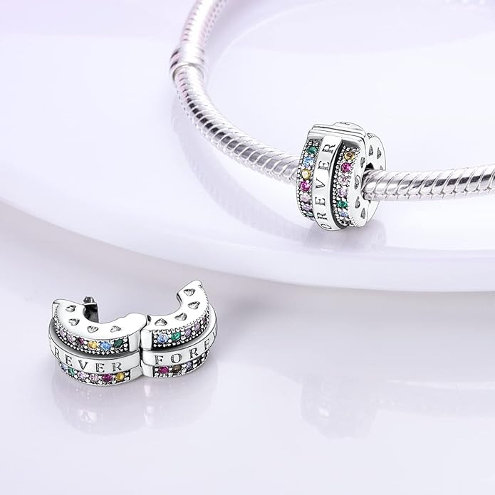 Parmuz Clip Spacer Charm for Bracelet 925 Sterling Silver Pave Cubic Zirconia Lock Stopper Bead Star Moon Evil Eye Jewelry Charm for Woman