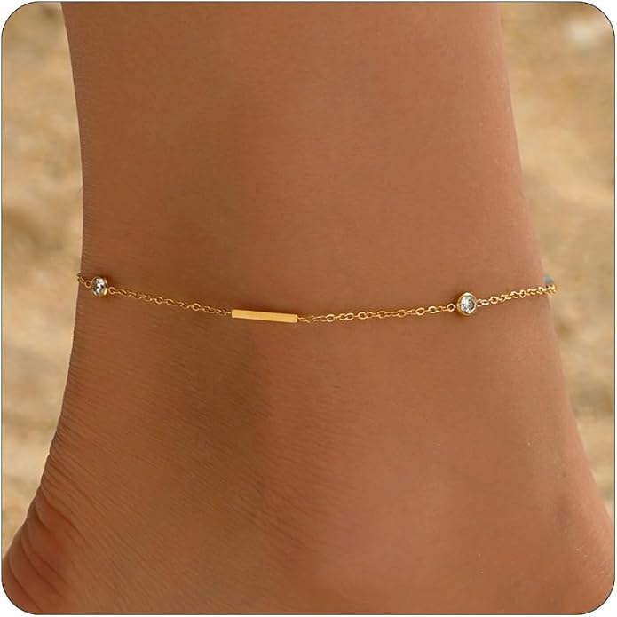 Anklet Bracelets for Women 18K Gold Plated Tennis Anklets Dainty Sapphire Paperclip Pearl Sequin Droplet Adjustable Large Anklet Bracelets Simple Beach Summer Waterproof Foot Jewelry
