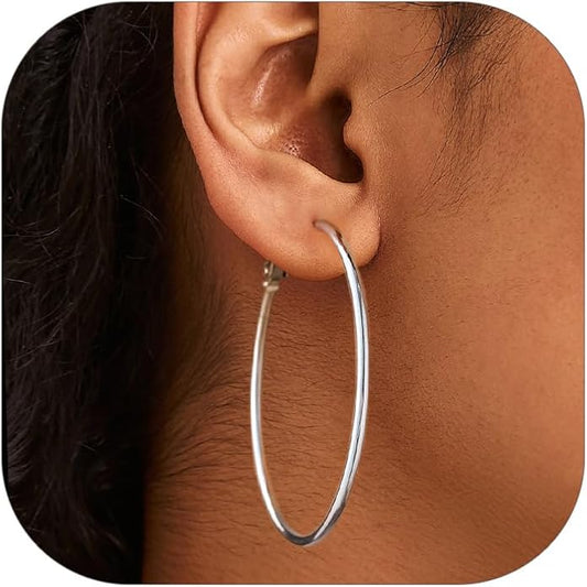 FOCALOOK 14K Gold Plated Lightweight Large Hoops| 2mm Thin Hoop Earrings for Women 30/40/50/70/100mm