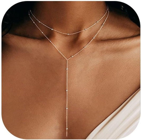 Foxgirl Lariat Gold Necklace for Women, Dainty Long Necklace 14k Gold Plated/Silver Y-Shaped Pendant Necklace Trendy Layered Cz Beaded Chain Drop Necklaces Simple Gold Jewelry For Women Gift