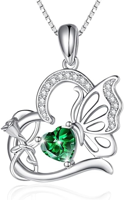 Birthstone Heart butterfly Necklace for Women, Infinity Pendant 14K Gold /18K White Gold Womens Necklaces, Jewelry Anniversary Birthday Christmas Gifts for Her Mom Wife﻿