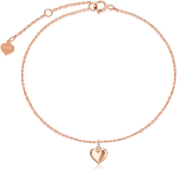 SISGEM Real 14k Gold Puff Heart Anklet for Women, Love Ankle Bracelet Foot Jewelry Gifts for Her, 9+1+1 Inch