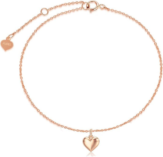 SISGEM Real 14k Gold Puff Heart Anklet for Women, Love Ankle Bracelet Foot Jewelry Gifts for Her, 9+1+1 Inch