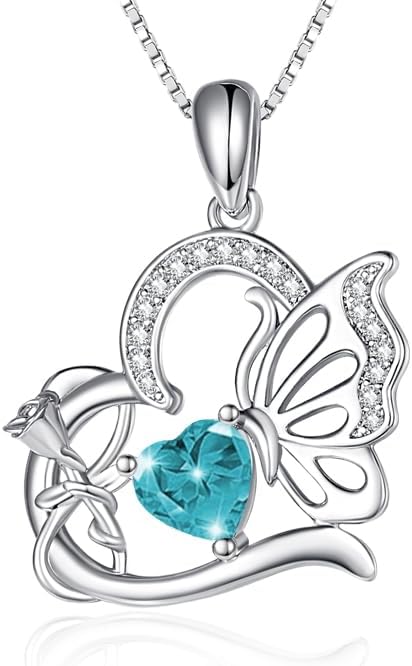 Birthstone Heart butterfly Necklace for Women, Infinity Pendant 14K Gold /18K White Gold Womens Necklaces, Jewelry Anniversary Birthday Christmas Gifts for Her Mom Wife﻿
