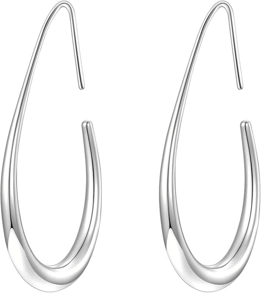 Lightweight Teardrop Hoop Earrings for Women - 14k Gold/White Gold Plated Large Oval Pull Through Hoop Earrings High Polished Statement Jewelry Gift for Women