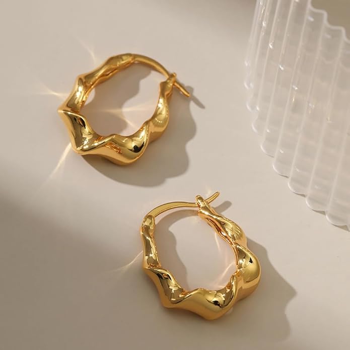 8YEARS Chunky Gold Hoop Earring for Women, 18K Gold Plated Lightweight Thick Hoops, Hypoallergenic Trendy Jewelry for Gift