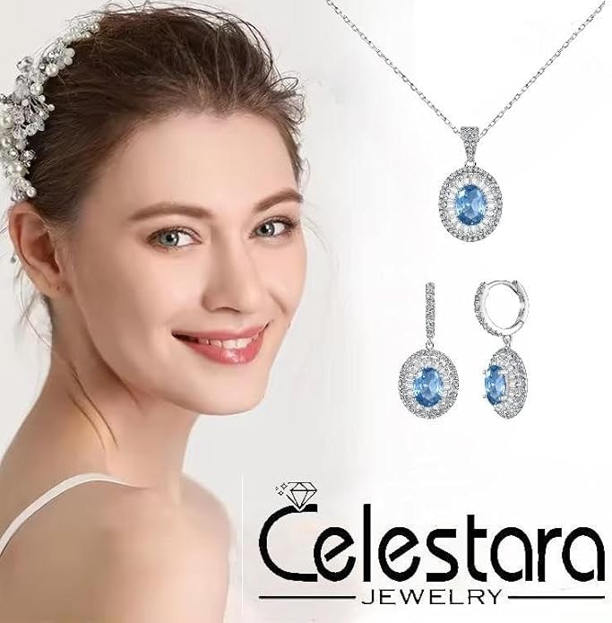 925 Sterling Silver Jewelry Set - Oval Blue Topaz-Tone and CZ Diamond Halo Necklace with Matching Earrings, Dainty Pendant Set with Exquisite Leather Box