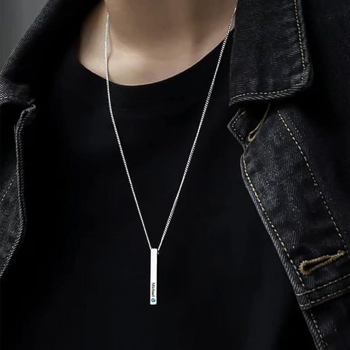 BellBlow- Personalized Bar Necklace Engraved with Name for Men Woman, Custom 3D Vertical Bar Pendant Name Chain Necklaces, 4sides Customizable Name Plate Necklace Jewelry Gift Boyfriend Girlfriend