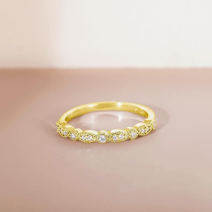 EAMTI 925 Sterling Silver Wedding Band for Women Cubic Zirconia Marquise & Round Milgrain Half Eternity Stackable Ring Size 5-10