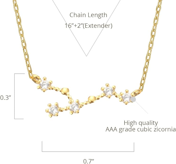 Zodiac 18K Gold Plated CZ Necklace With Message Card, Yellow Gold Color, Anchor Chain, Best Gift Necklace, Size 16 inch + 2 inch Extender, Pendant, Constellation, Gift Card