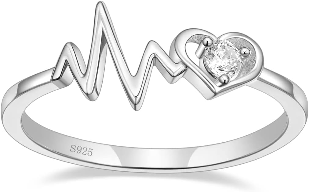 Arvaleff 925 Sterling Silver Rings for Women Ladies Wedding Band V Shaped Heatbeat Pattern Cubic Zirconia Engagement Eternity Ring Thin Stackable Comfort Fit Size 4-12