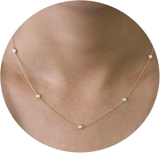 Dainty Gold Diamond Necklace for Women, 14k Gold Plated Diamond Station Choker Necklace for Women Daily & Minimalist, Gold Jewelry for Women