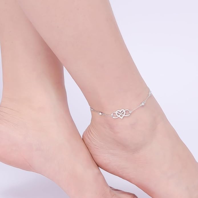 S925 Sterling Silver Ankle Bracelet for Women,Infinity Anklet with Heart Design Charm Jewelry Mother's Day Gifts for Women Mother