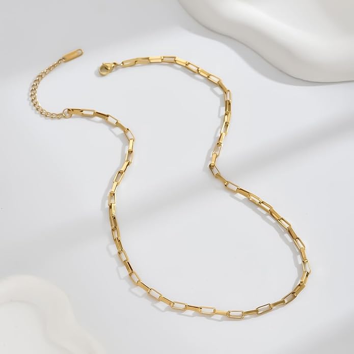 Dainty Chain Necklace for Women, 18K Gold Plated Coin Disc Choker Necklaces Simple Satellite Beaded Twisted Thin Paper Clip Chain Everyday Jewelry Gifts