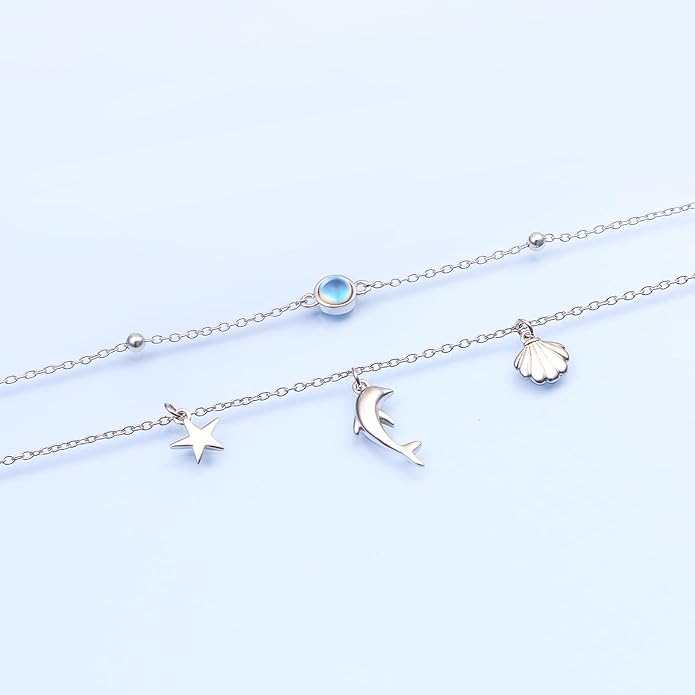 FLYOW Anklet for Women S925 Sterling Silver Adjustable Foot Beaded Heart Charm Ankle Bracelet Anklets Jewelry