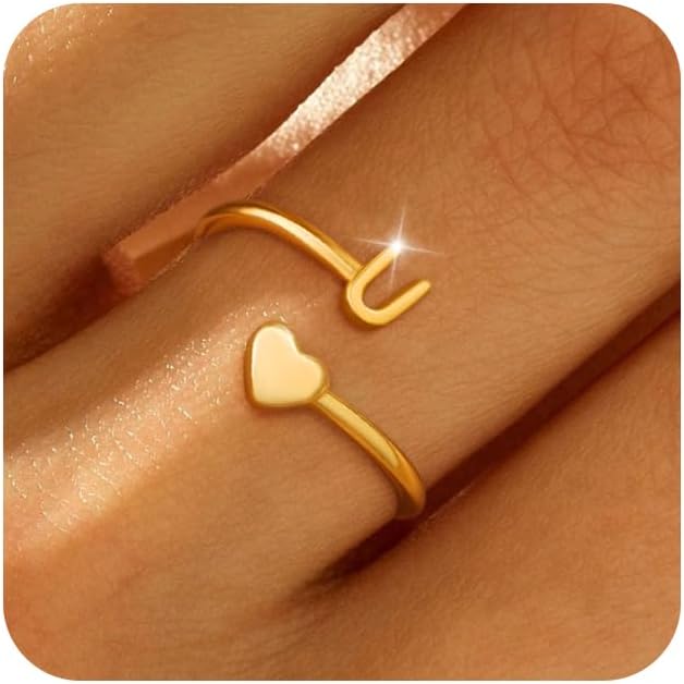 Honsny Gold Initial Rings for Women Non Tarnish 18K Gold Plated Heart Initial Stackable Rings Adjustable Pinky Rings for Women Cute Dainty Alphabet Capital Letter Rings Jewerly Gift