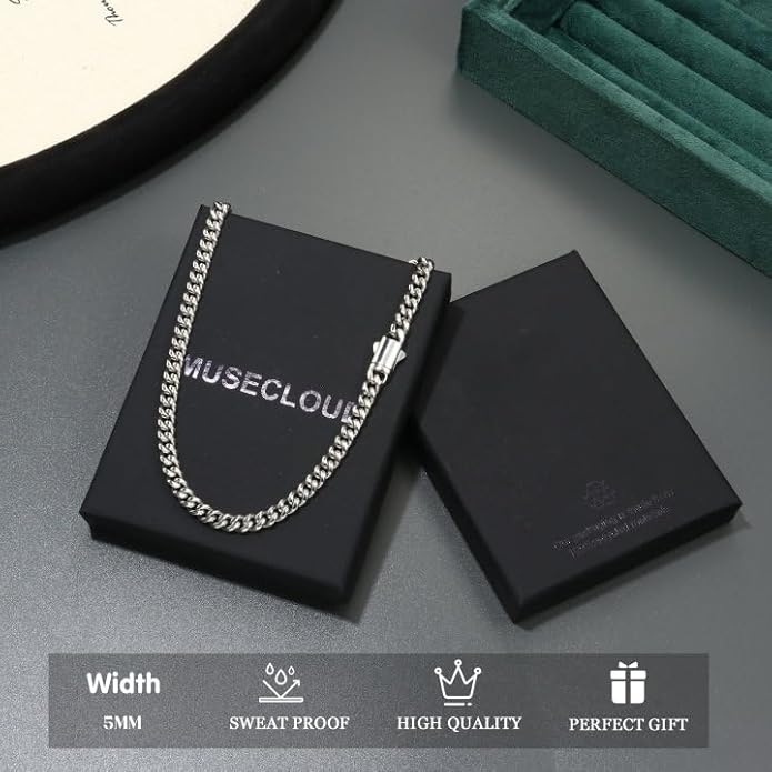 MUSECLOUD Gold Cuban Link Chain for Men Mens Stainless Steel Miami Curb Chains Necklace 5/8mm Thick Real Gold/Silver/Black Plated Diamond Cut Non-Tarnish Jewelry Trendy Christmas Gifts 18-26 Inch