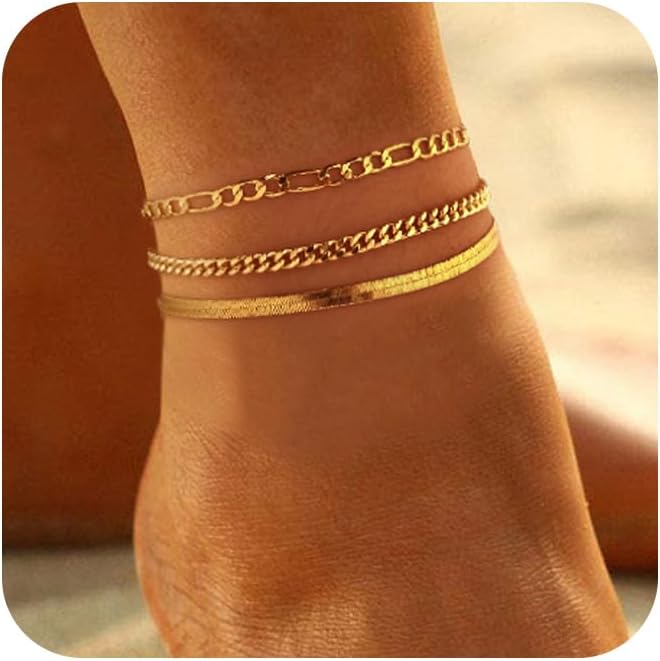 Gold Ankle Bracelets for women,14k Gold/Silver Plated Waterproof Layered lightweight Cuban Link Figaro Chain Heart anklet butterfly anklet Pearl Ankle Bracelets Set Gold Anklets for women Trendy Jewelry Gift for Women