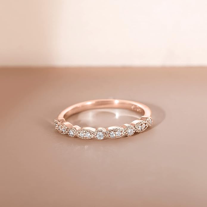 EAMTI 925 Sterling Silver Wedding Band for Women Cubic Zirconia Marquise & Round Milgrain Half Eternity Stackable Ring Size 5-10