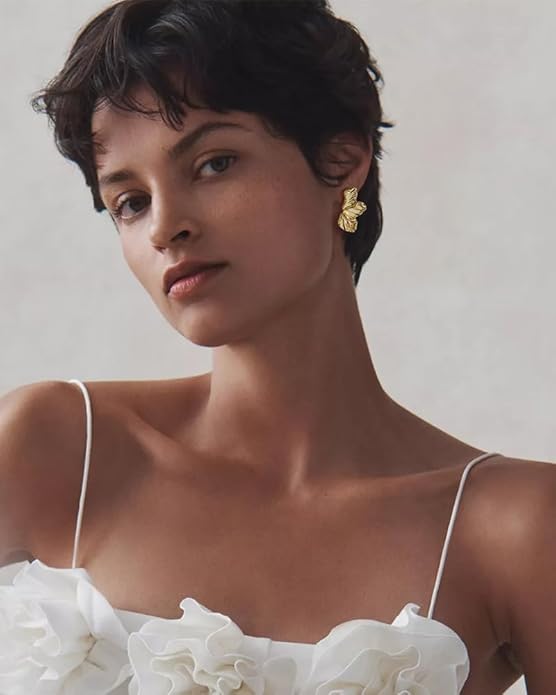 Chunky Gold Statement Earrings For Women Gold Plated Sectored Flower Leaf Shell Angel Wing Earrings Large Stud Earrings Hypoallergenic Earrings