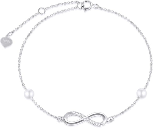 SISGEM 14k Gold Diamond Infinity Bracelet for Women, Real Gold Pearl Love Jewelry Gifts for Wife, Present for Her, 6.9"-8.3"