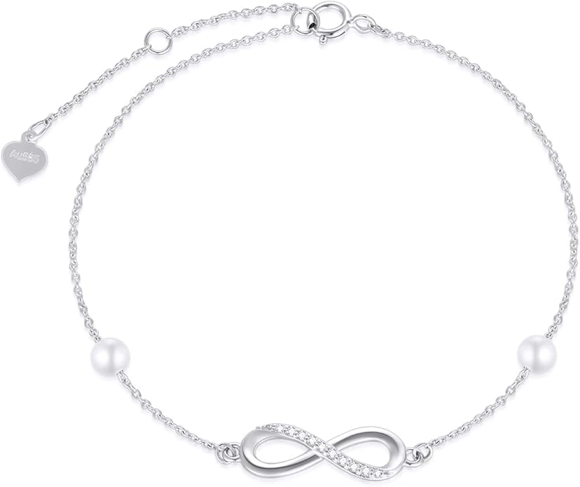 14k Gold Natural Diamond Infinity Anklets for Women, Real Gold Pearl Jewelry Ankle Bracelet Gifts for Her, 9.4-11 Inch