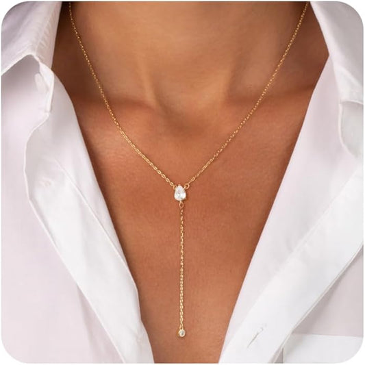 Lariat Necklace for Women, Dainty 14K Gold/Silver Plated Long Necklaces for Women Trendy Simple Layered Y-Shaped Drop Pendant Necklace Adjustable Gold Jewelry Gifts For Her Christmas Stocking Stuffer