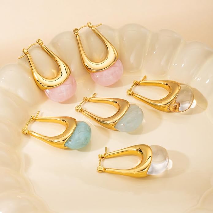 Vintage Gold Hoops Earrings for Women,Brown White Blue Pink Chunky Dangle Drop Jewelry with Resin Gemstones, Trendy Statement Earrings for Beach,Party, Vintage Gift for Travel Maximalist Jewelry