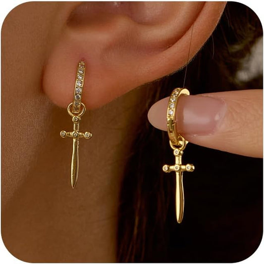 Dagger Hoop Cuff Earrings Cubic Zirconia Hypoallergenic Cartilage Earrings Huggie Ear Piercing Sword Small Dangle Drop for Women & Men BFF Stylish Jewelry