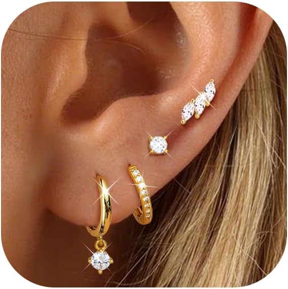 Florideco 925 Sterling Silver Earrings for Women Trendy Hypoallergenic Small Gold Hoop Earrings 14K Gold Plated Stud Earring Sets for Multiple Piercing CZ Ear Cuff Cartilage Earring Stacks