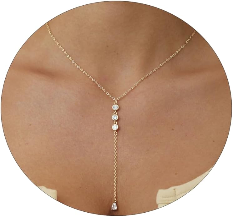 Gold Y Necklace for Women 14K Gold Plated Y-Shaped Drop Necklaces CZ Long Necklace Cubic Zirconia Pendant Layered Long Lariat Necklace Women Jewelry