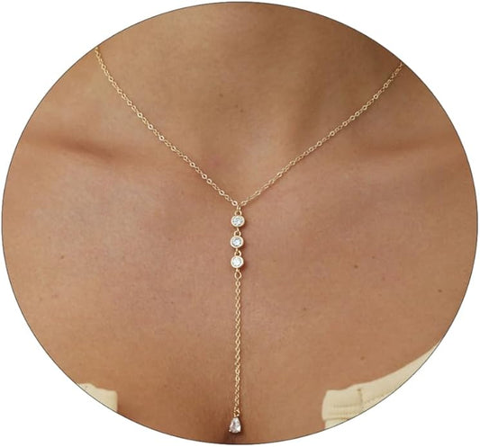 Gold Y Necklace for Women 14K Gold Plated Y-Shaped Drop Necklaces CZ Long Necklace Cubic Zirconia Pendant Layered Long Lariat Necklace Women Jewelry