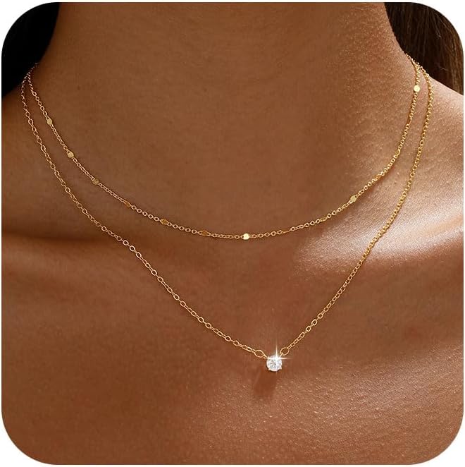 Layered Gold Necklace for Women Trendy 14K Gold Plated Heart CZ Pendant Layered Gold Necklaces Set Coin Choker Necklaces Simple Circle Cubic Zirconia Pearl Necklace Stack Herringbone Paperclip Chain Jewelry Set