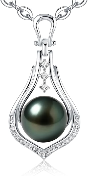 Genuine Tahitian Black Pearl Necklace for Women, 9-11mm AAAA Seawater Pearl with Sterling Silver Moissanite Pendant, Jewelry Gift for Wife, Mom, Girlfriend, Wedding Anniversary, Birthday, Christmas