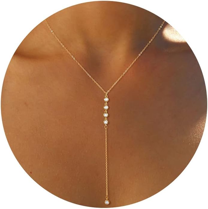 Foxgirl Lariat Gold Necklace for Women, Dainty Long Necklace 14k Gold Plated/Silver Y-Shaped Pendant Necklace Trendy Layered Cz Beaded Chain Drop Necklaces Simple Gold Jewelry For Women Gift