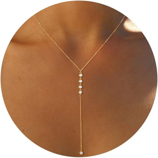 Foxgirl Lariat Gold Necklace for Women, Dainty Long Necklace 14k Gold Plated/Silver Y-Shaped Pendant Necklace Trendy Layered Cz Beaded Chain Drop Necklaces Simple Gold Jewelry For Women Gift
