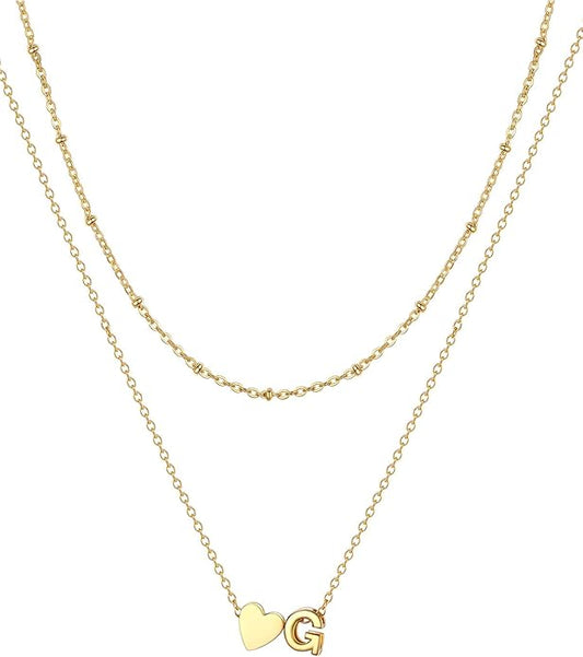 FOCALOOK Layered Initial Necklace for Women, 14K Gold Plated Choker Necklaces Stacks with Initial A-Z, Dainty Silver Heart Pendant Necklace Personalized Birthday Women Jewelry