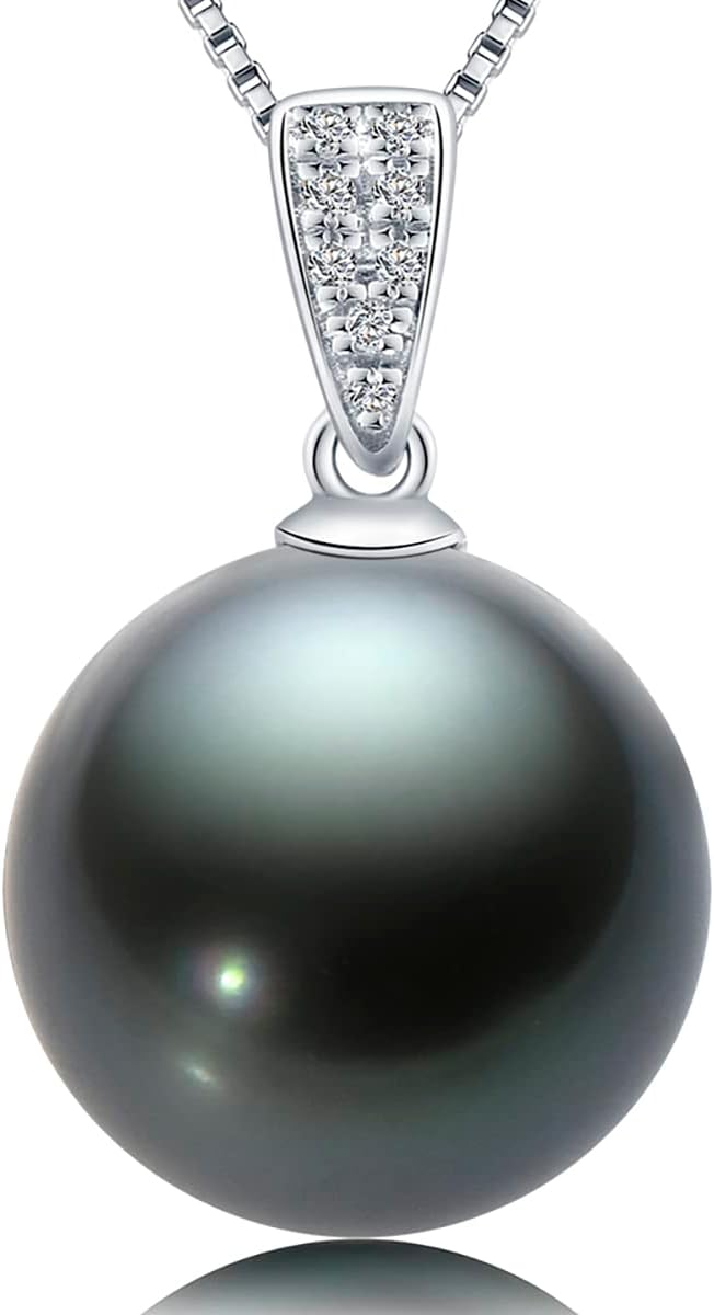 DENGGUANG 18K Gold Natural Black Pearl Pendant Necklace Pendant with Diamond 10-11mm Genuine Tahitian Cultured Round Pearls Jewelry Gifts for Women with 18" Silver Chain