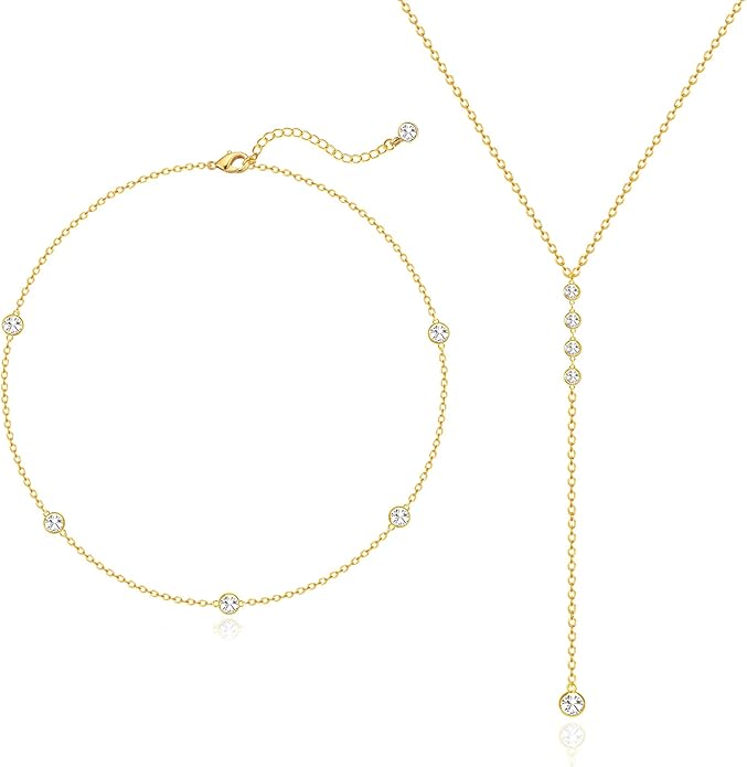 Zeffy Lariat Gold Necklace for Women, Dainty Long Necklace 14k Gold/Silver Plated Layered CZ Beaded Bar Chain Y-Shaped Body Chain Stack Drop Wedding Necklace Trendy Simple Gold Jewelry Gifts