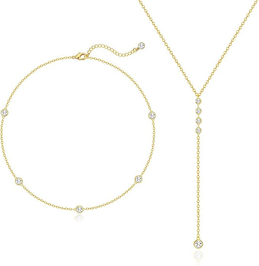 Zeffy Lariat Gold Necklace for Women, Dainty Long Necklace 14k Gold/Silver Plated Layered CZ Beaded Bar Chain Y-Shaped Body Chain Stack Drop Wedding Necklace Trendy Simple Gold Jewelry Gifts