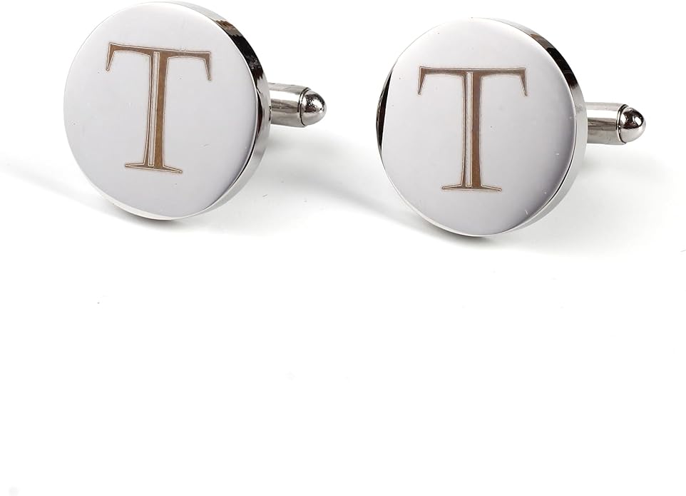 Mens Initial Silver Cufflinks A-Z Alphabet Letter Steel Cuff Links with Engraved Walnut Wood Box Groom Groomsman Wedding Set…