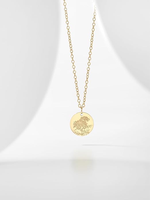 Birth Flower Necklace, 14K Gold Plated Floral Pendant Necklaces for Women, Simple Dainty Birth Month Flower Necklace, Birthday Jewelry for Women - 12 Month