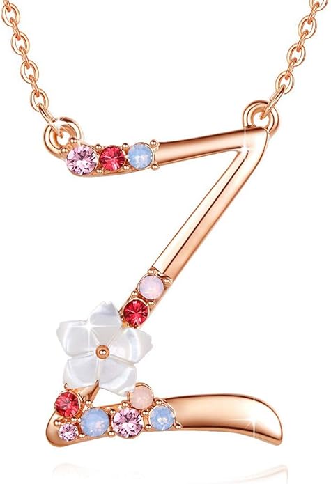 Flower Initial Letter Necklace Pink Red Blue Simulated Pearl Pendant Name Jewelry Made with Austrian Crystals Rose Gold Plated Anniversary Birthday Gifts for Women,18"+2"