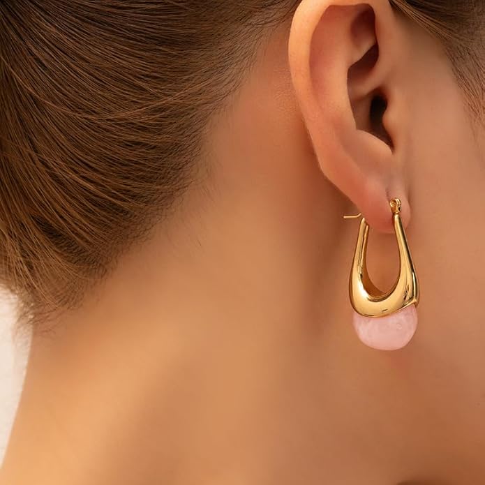 Vintage Gold Hoops Earrings for Women,Brown White Blue Pink Chunky Dangle Drop Jewelry with Resin Gemstones, Trendy Statement Earrings for Beach,Party, Vintage Gift for Travel Maximalist Jewelry