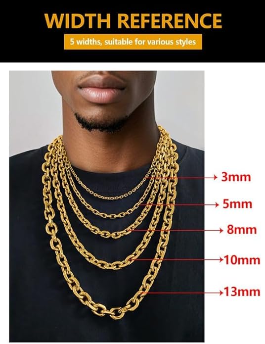Hoyazvet Cable Chain Stainless Steel Necklace for Men Women, 3/5/8/10/13MM Width, 18K Gold Plated/Black Metal/316L Stainless Steel Sturdy Rolo Link Chain Necklace, 18-30inch Length